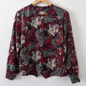 Vintage Bora Bora Long Sleeve Button Down Floral Top, Maroon / Sage / Navy